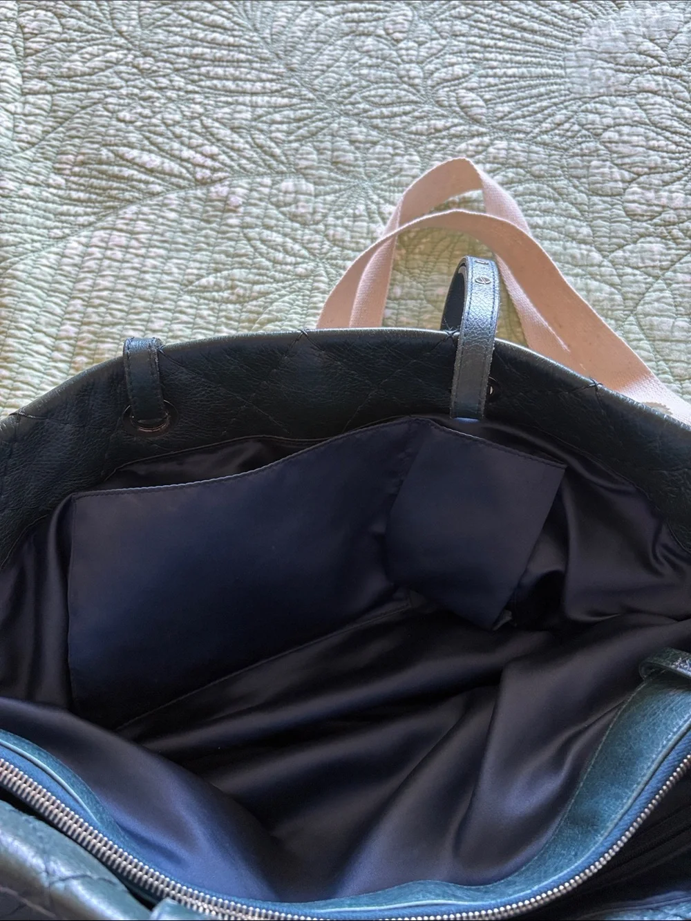 Authentic CHANEL Quilted Leather Tote in Deep Green with Silver Hardware